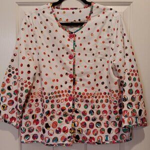 Lifestyle women's jacket size XL. White background w/ embellished colorful dots